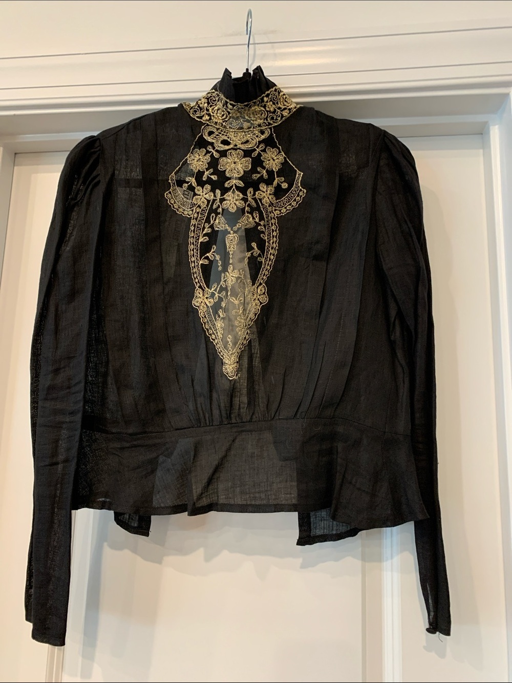 Cloak of Many Colors Liberty vintage Blk linen Blouse with Gold Embroidered